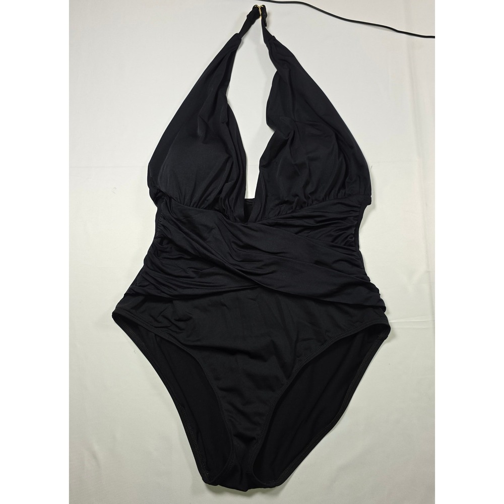 La Blanca by Rod Beattie Black Halter Ruched One Piece Swimsuit V-Neck Gold Trim